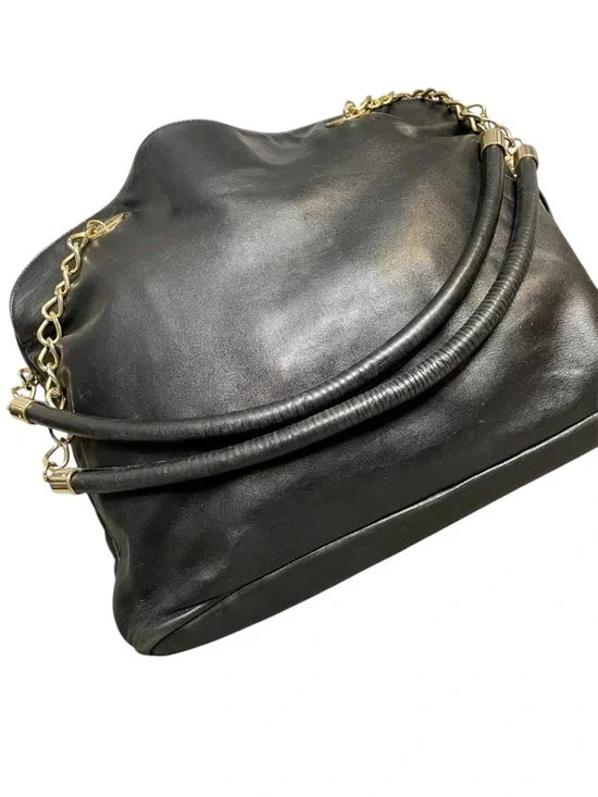 Via Veneto Vintage Black Leather Triple Compartment Tote Dual Gold Chain Handles - Picture 12 of 13